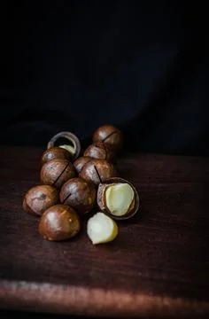 Close-Up Of Macadamia Nuts On Table Stock Photos