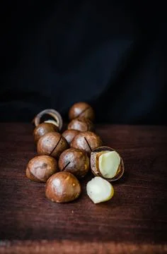Close-Up Of Macadamia Nuts On Table Stock Photos