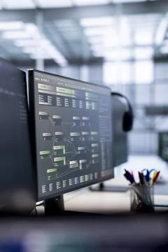Close up of machine learning code running on computer screens in server hub 写真素材