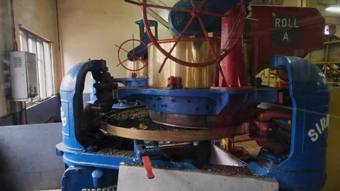 Close up of machine spinning and pressing leafs on metal plate, Malaysia Stock Footage 146542137