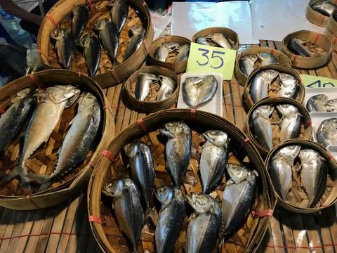 Close up mackerel is in a round crate made of bamboo for sold in market. Stock Photos