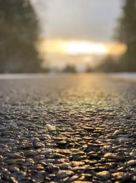 Close-up macro asphalt road texture in an orange summer evening sunset. Stock Photos