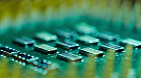 Close up macro computer processor cpu surface rotating flyover Stock Footage 49973933