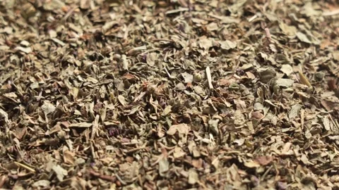 Close up macro of dried herbal tea leaves and crumbled green herb texture Stock-Footage 347458629