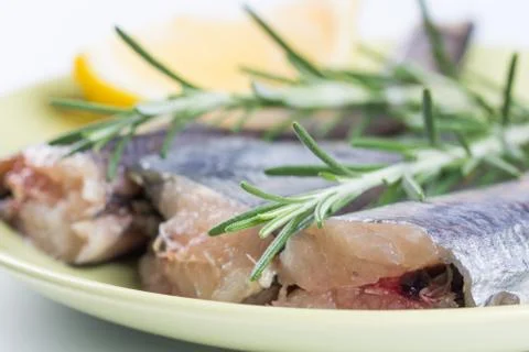 Close up macro of hake fish with rosemary and lemon on the plate Stock Photos