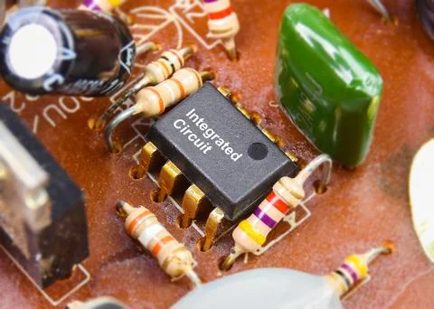 Close up macro of IC integrated circuit on electronic circuit board Stock Photos