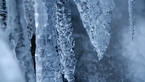 Close up, macro icicles at waterfall, Carpathian mountains, Ukraine Stock Footage 128203721