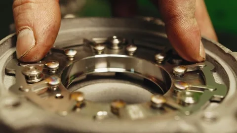 Close-up macro inside moving internal parts of a turbine or automobile turbine Stock Footage 285642518