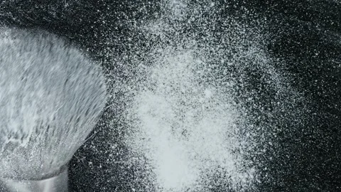 Close-up macro large makeup brush spreads facial powder dust onto a transparent Video stock 261186075