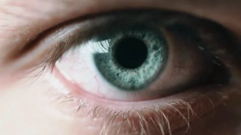 Close up macro male eye opening and pupil dilating Stock Footage