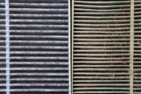 Close up macro of new and old car air conditioner filter surfaces Stock Photos