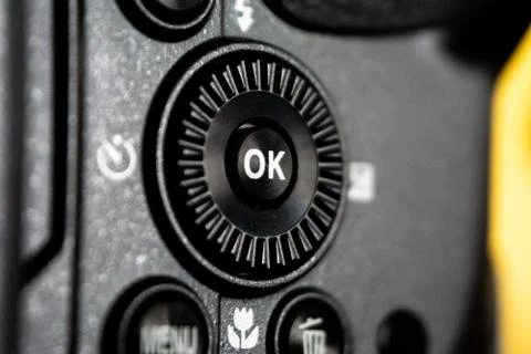 Close-up macro shot of black camera body with control buttons Fotos Stock