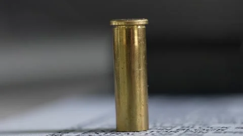 Close up, macro shot of bullet sell. Gun's equipmant cartridge brass Stock Footage 171861488
