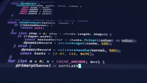 Close up macro shot of a computer screen with typing JavaScript code 库存影片 340841005