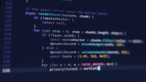 Close up macro shot of a computer screen with typing highlighted JavaScript Stock Footage 344649010