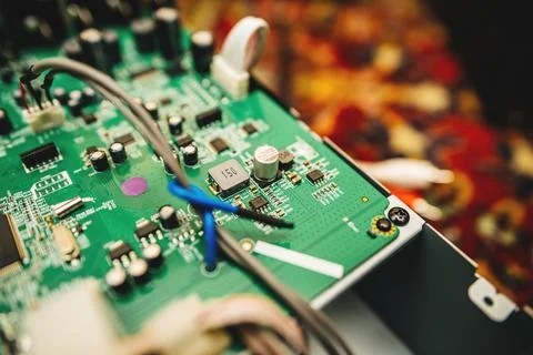Close-up macro shot of CPU and capacitors and transistors on a g 스톡 사진