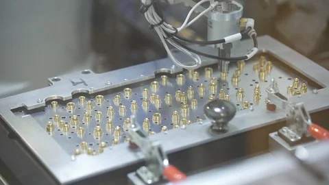 Close-up Macro Shot of Electronic Factory Machine at Work. Pich&amp;Place Mashine Stock Footage 124376713