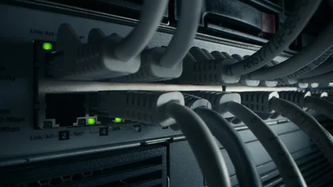 Close-up Macro Shot: Ethernet Cables Connected to Router Ports. Data Center Stock Footage 120927054