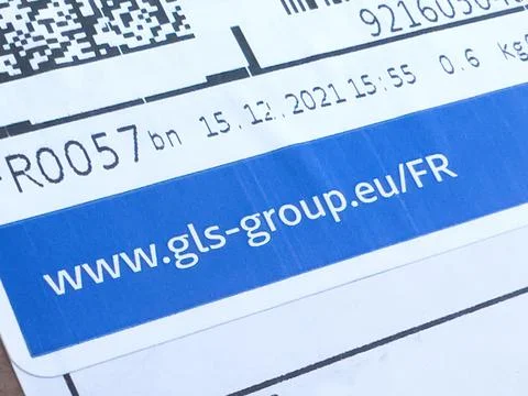 Close-up macro shot of GLS Group parcel delivery service paper tag on a parcel Stock Photos