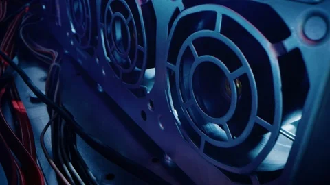 Close-up Macro Shot: Inside Computer Case. Camera Moves Alongside Row of Coolers Video stock 121797265