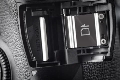 Close-up macro shot of a memory card compartment of the modern digital SLR ca Stock Photos