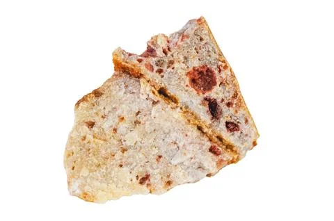 Close-up macro shot of a mineral sample with reddish inclusions on a white .. Stock Photos