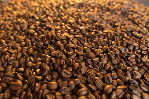 Close-up macro shot of roasted coffee beans with warm lighting creating a r.. Stock Photos