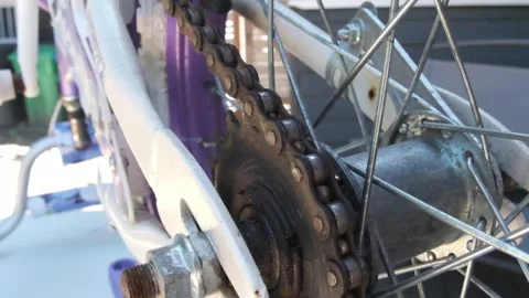 Close up macro shot of a rusty bicycle chain getting ready for a tune 스톡 동영상 313089103