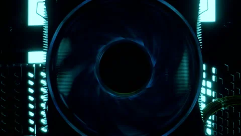 Close-up macro shot of spinning glowing cooler COOLER MASTER in gaming computer Vídeo Stock 203963274