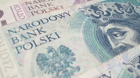 A close-up macro shot of various Polish zloty banknotes with a sliding motion. Stock Footage 301781439