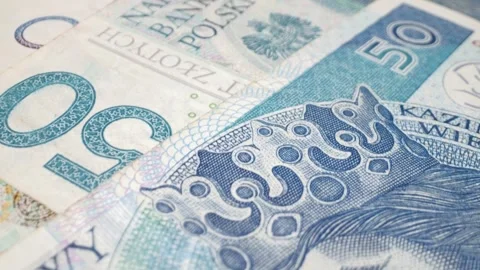 A close-up macro shot of various Polish zloty banknotes with a sliding motion. Stock Footage 301781440