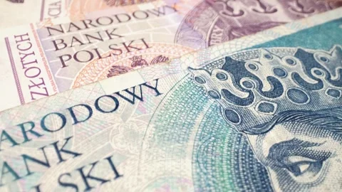 A close-up macro shot of various Polish zloty banknotes with a sliding motion. Stock Footage 301782049