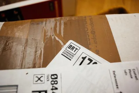 Close-up macro of the sticker on parcel from with BRT espresso formerly Stockfoto's