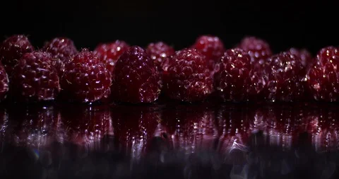Close up macro studio  dolly shot movement  along a row of fresh raspberries Video stock 114959089