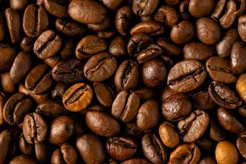 Close Up Macro Texture of Dark Roasted Coffee Beans Background Stock Photos