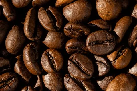 Close Up Macro Texture of Dark Roasted Coffee Beans Background Stock Photos