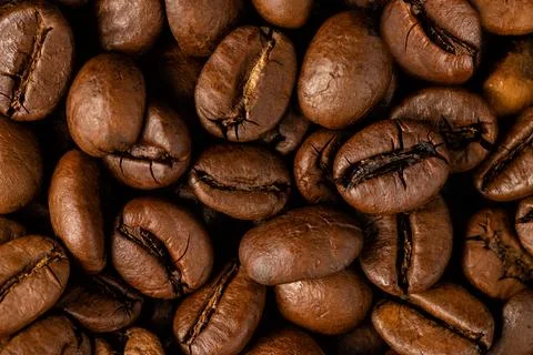 Close Up Macro Texture of Dark Roasted Coffee Beans Background Stock Photos