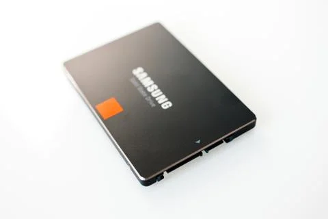 Close-up macro tilt shift lens used over new powerful Samsung SSD disk drive Stock Photos