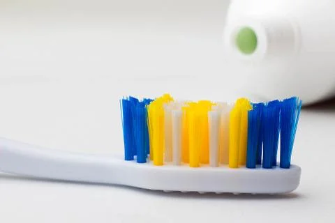 Close up macro of toothbrush soft and smooth brush on white background Stock Photos