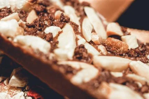 Close-up macro view of delicious handmade artisan chocolate bar filled with.. 스톡 사진
