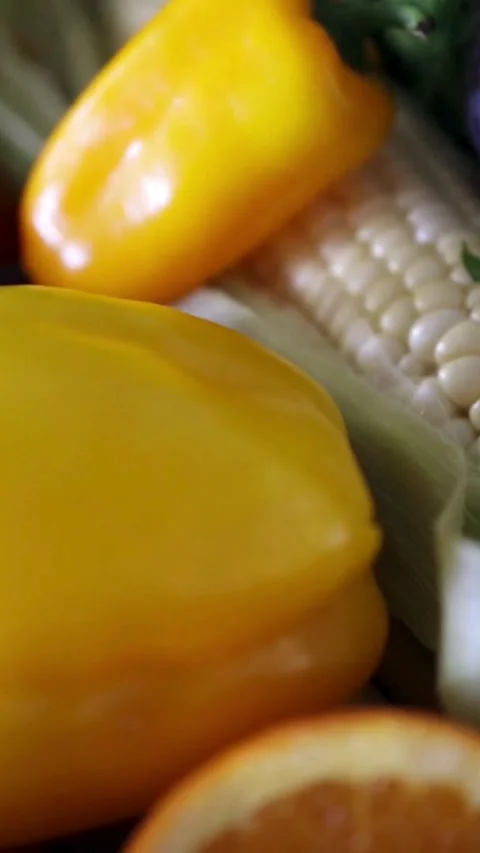 Close up macro view of fresh produce arrangement showing 스톡 동영상 333158959