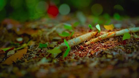 Close up macro view of leafcutter ants carrying leaves on forest floor Видео 345467119