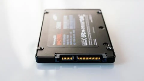 Close-up macro view of new SSD Solid state drive fast data transmission disk Stock Photos