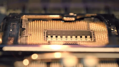 Close up macro view to the processor socket on the big data server circuit board Stock Footage 163916168