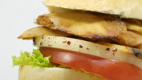 Close up, macro view of Turkish fast food chicken doner kebab sandwich  Stock-Footage 94642824