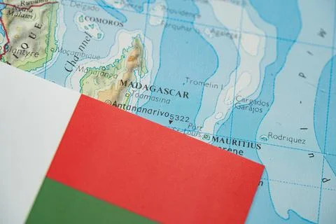 Close up of Madagascar flag on map of Madagascar Stock Photos