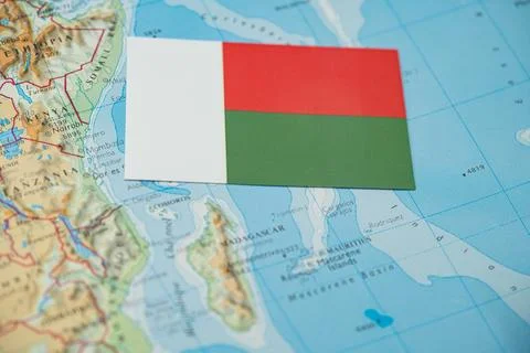Close up of Madagascar flag on map of Madagascar Stock Photos