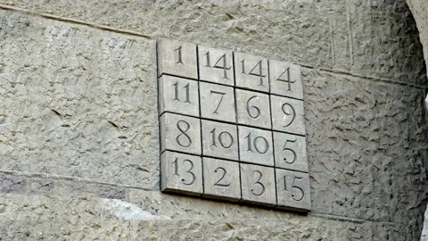 Close Up Of Magic Number Square On The Passion Facade Of Sagrada Familia Church Stock Footage