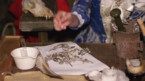 Close up magic table with strange things pen girl nice prince attention shadows Stock Footage 98154600