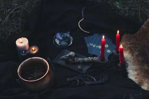 Close up magical tools for ritual concept photo Stock Photos